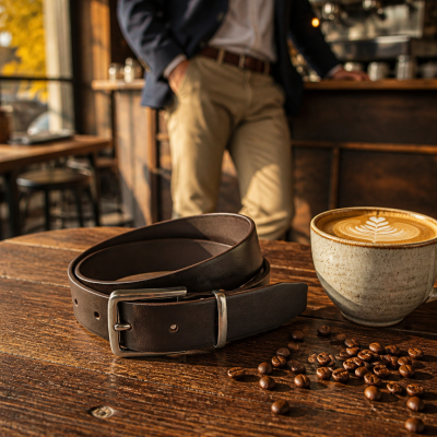 Kávově hnědý kožený opasek Barista Style 35 mm fotka 1057