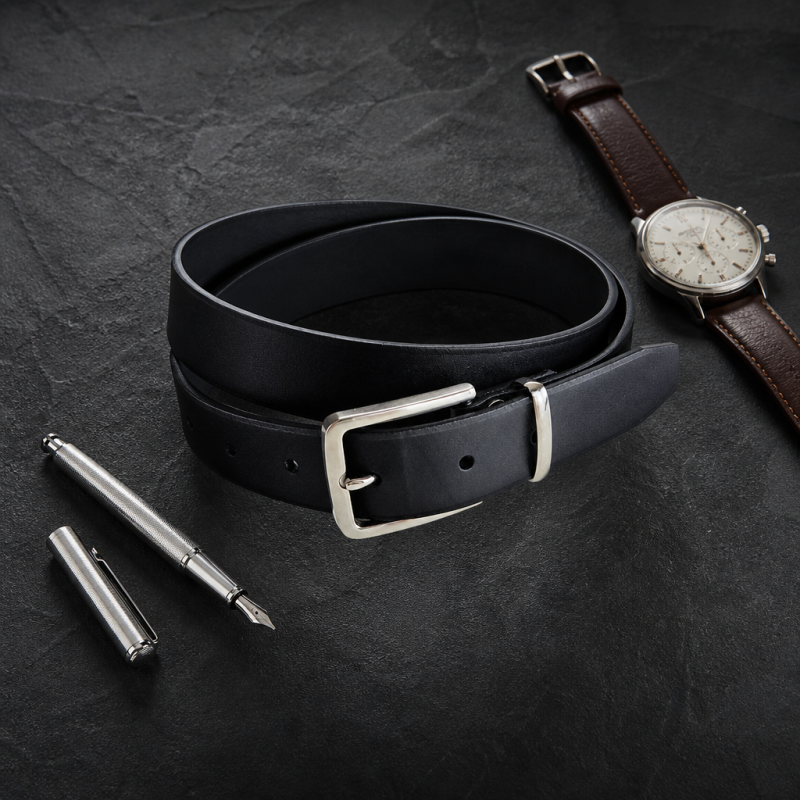 Luxusní ručně šitý celokožený opasek Noir Minimalist 35mm s nerezovou sponou